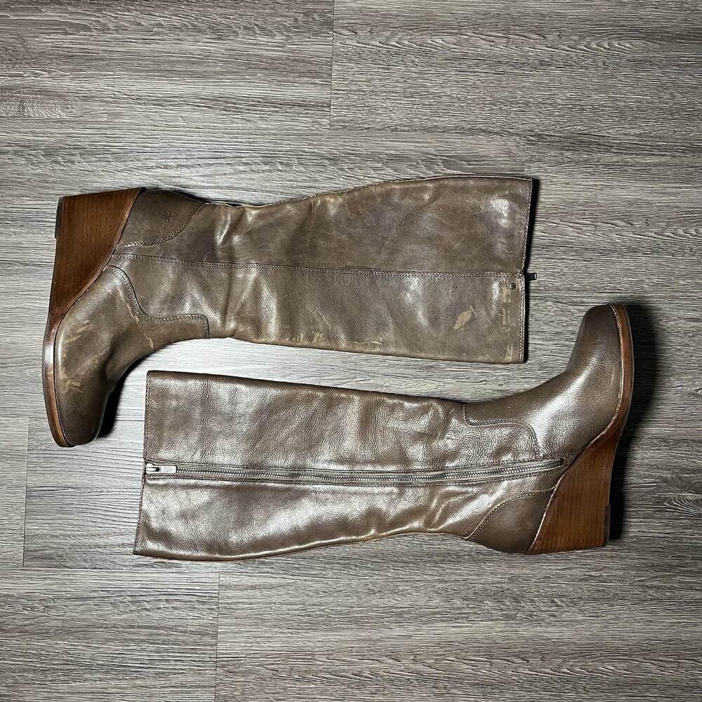 Frye Emma Wedge Boots Women's 8M Gray Taupe Leather Knee High Side Zip